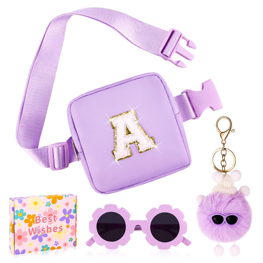 WINOWIMO Personalized Mini Fanny Pack for Kids with Sunglasses & Cute Keychain, Small Initial Belt Crossbody Bag Purse for Teen Girls, Birthday Gifts for 3 4 5 6 7 8 9 10 Years Old Kid (A, Purple)