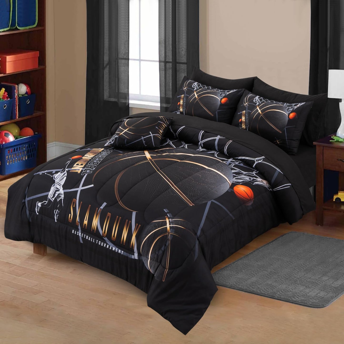 A Nice Night Basketball Court Printed Comforter Sets,with Sportsman Slam Dunk Printing 6Pcs Bedding Set in a Bag for Teen Boys,Twin