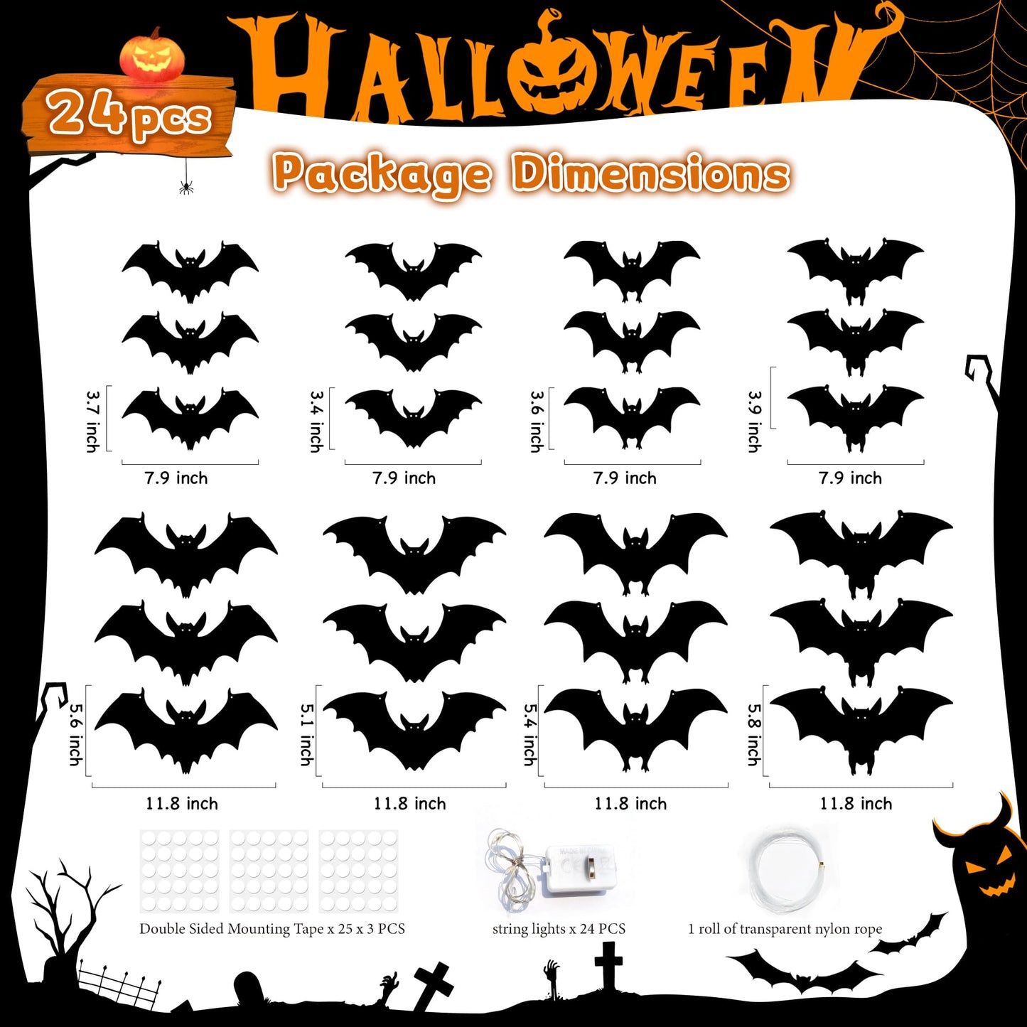 24 Pack Light-Up Halloween Bats Decorations Removable Hanging PVC Bats w Lights for Halloween Party Indoor Outdoor Home Window Garage
