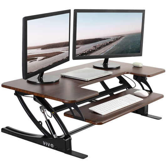 VIVO 42 inch Height Adjustable Stand Up Desk Converter, V Series, Quick Sit to Stand Tabletop Dual Monitor Riser Workstation, Dark Walnut Top, Black Frame, DESK-V000VLD