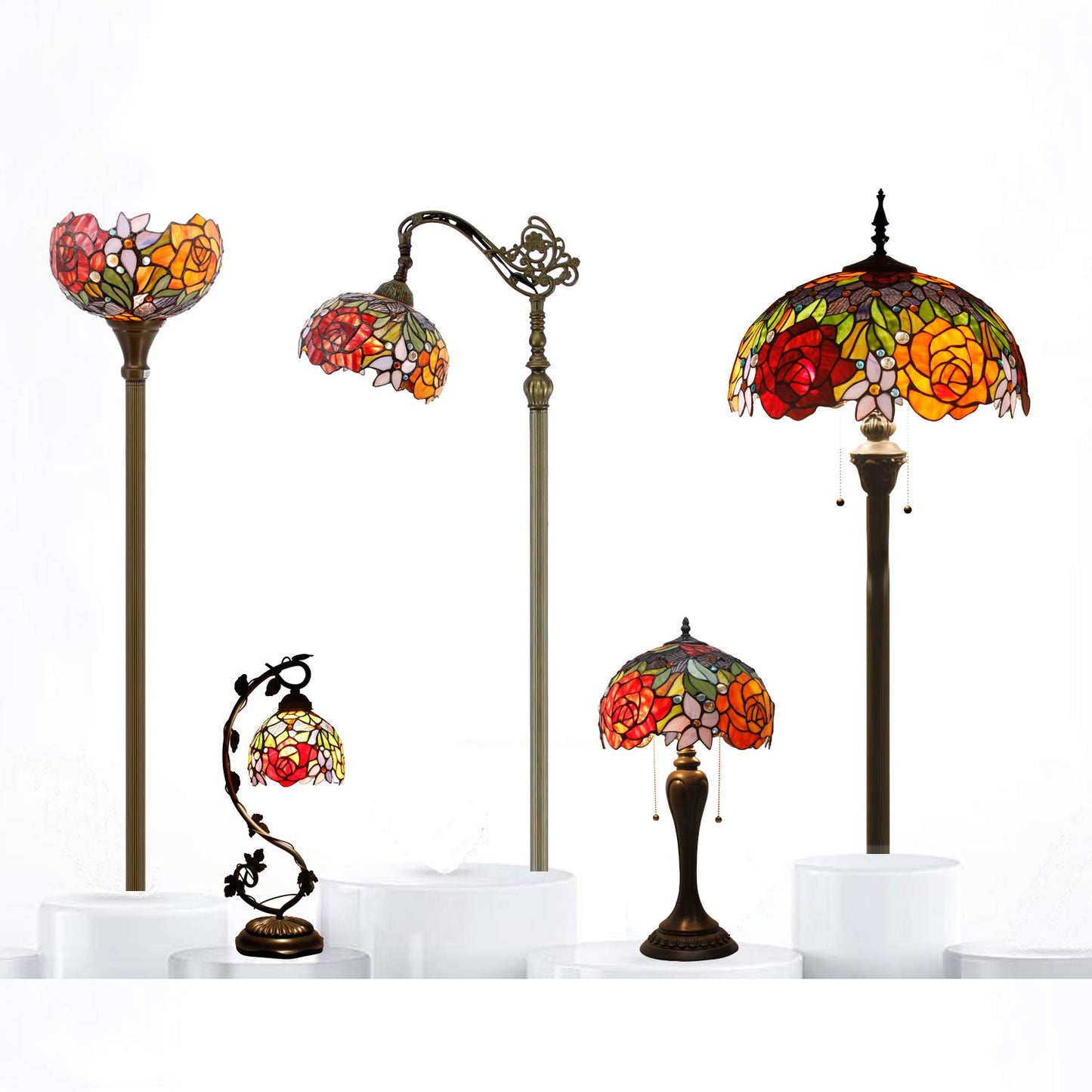 WERFACTORY Tiffany Floor Lamp Red Yellow Rose Stained Glass Standing Reading Light 16X16X64 Inches Antique Pole Corner Lamp Decor Bedroom Living Room Home Office S001 Series