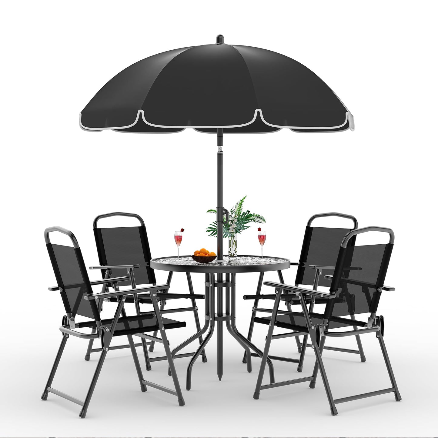 6 Pieces Outdoor Dining Set With Umbrella, Patio Table and 4 Folding Chairs With Umbrella, Garden Patio Furniture Set With Umbrellas, Tempered Glass Top Dining Table