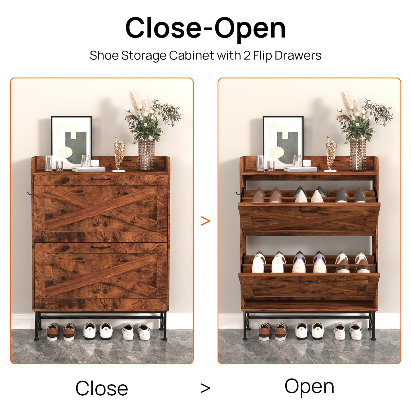Walmokid Shoe Storage Cabinet for Entryway, Narrow Shoe Cabinet with 2 Flip Drawers, Freestanding Shoe Organizer with Open Storage for Living Room, Entryway, Foyer, Hallway(Rustic Brown,1 Pack)