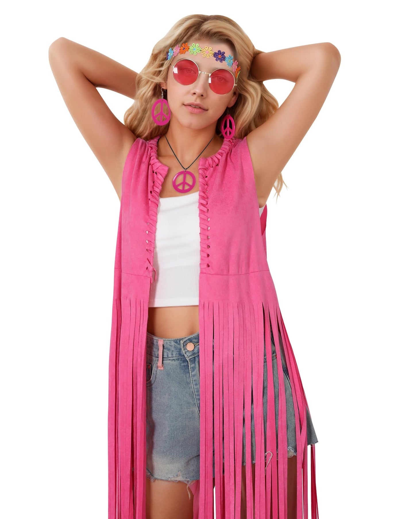 70 s Outfit for Women Brown Fringe Vest Hippie Sunglasses Headdress Necklace and Earring for Disco Party Halloween Costume Women(Brown,M)