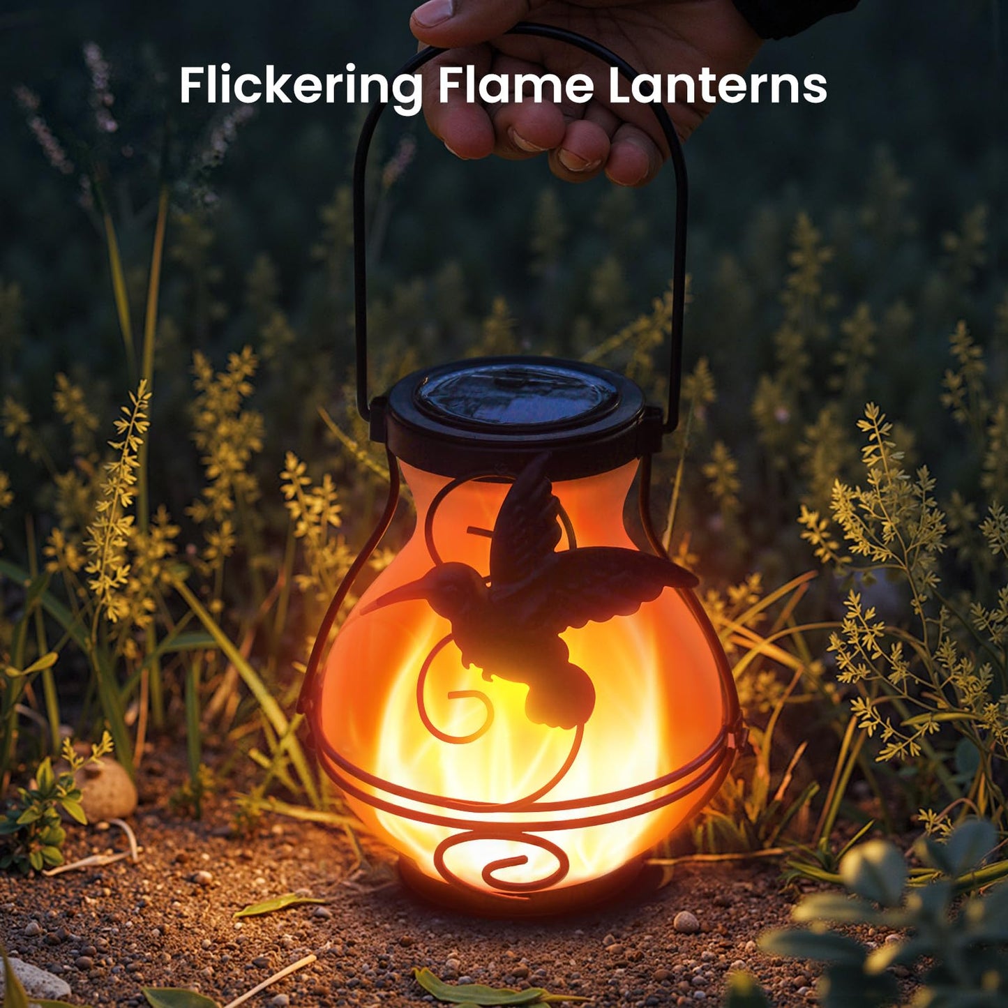 2 Pack Solar Lanterns Outdoor Waterproof Flickering Flame Lights Hummingbird Metal Hanging Solar Lantern Patio Porch Garden Decoration