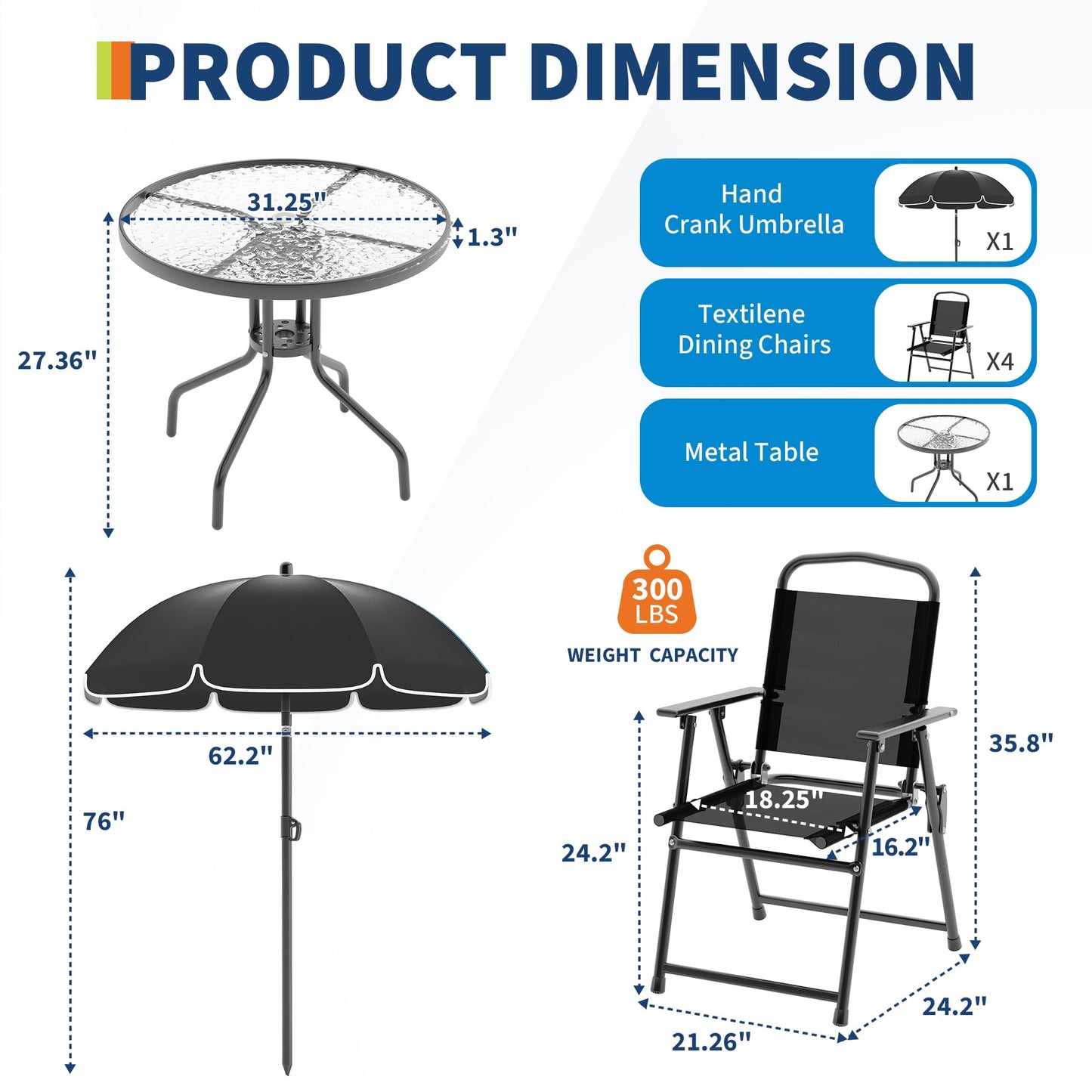 6 Pieces Outdoor Dining Set With Umbrella, Patio Table and 4 Folding Chairs With Umbrella, Garden Patio Furniture Set With Umbrellas, Tempered Glass Top Dining Table