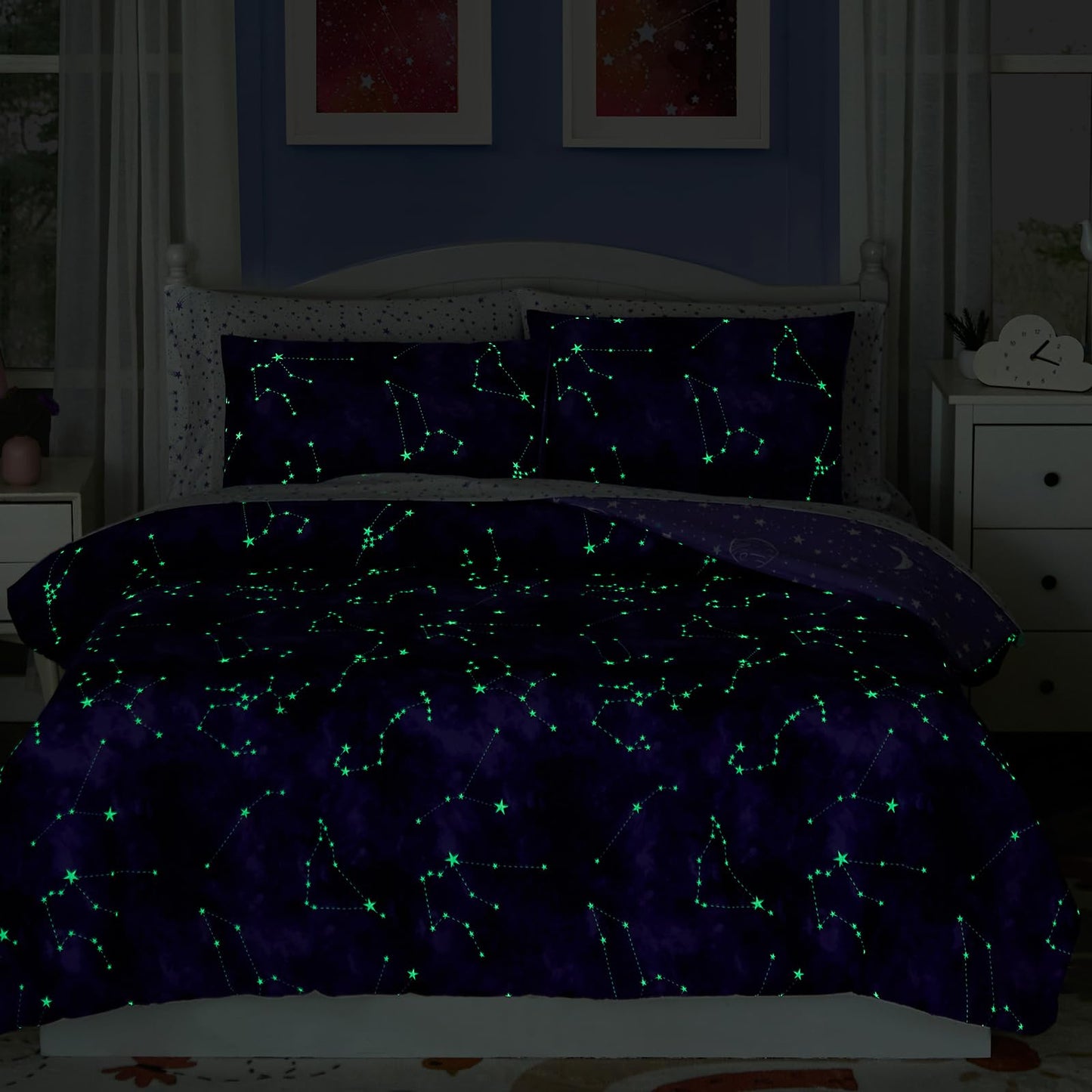 Wink Deer Twin Comforter Set - 5 Pieces Girls Boys Galaxy Glow in The Dark Twin Bedding Sets for Kids, Ultra Soft Bed in A Bag with Sheets