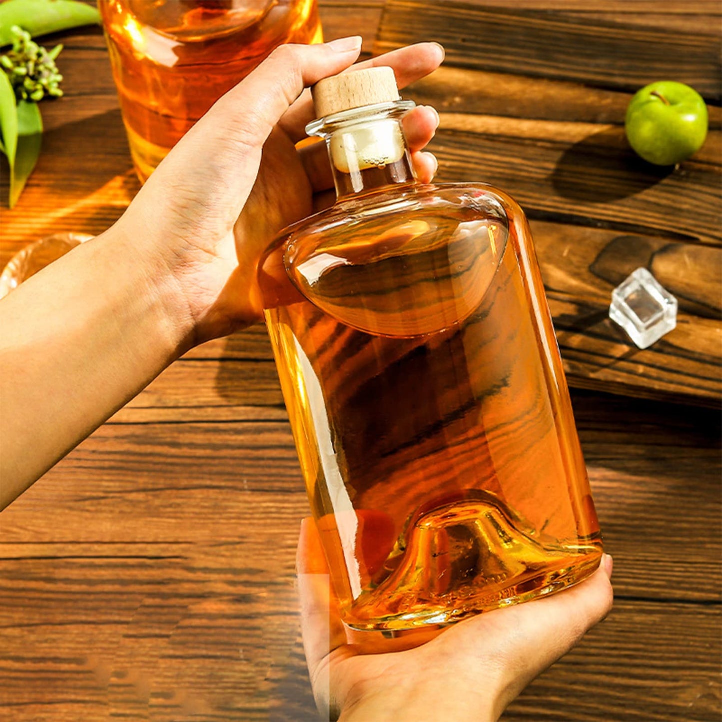 2 Pack 25 oz Heavy Base Clear Glass Liquor Bottles with T-Top Wood Caps Clear Wine Bottles Home Brewing Airtight Crew Bottles Leak Proof for Kombucha Juice Oil Drinks,Kefir,Dishware Safe