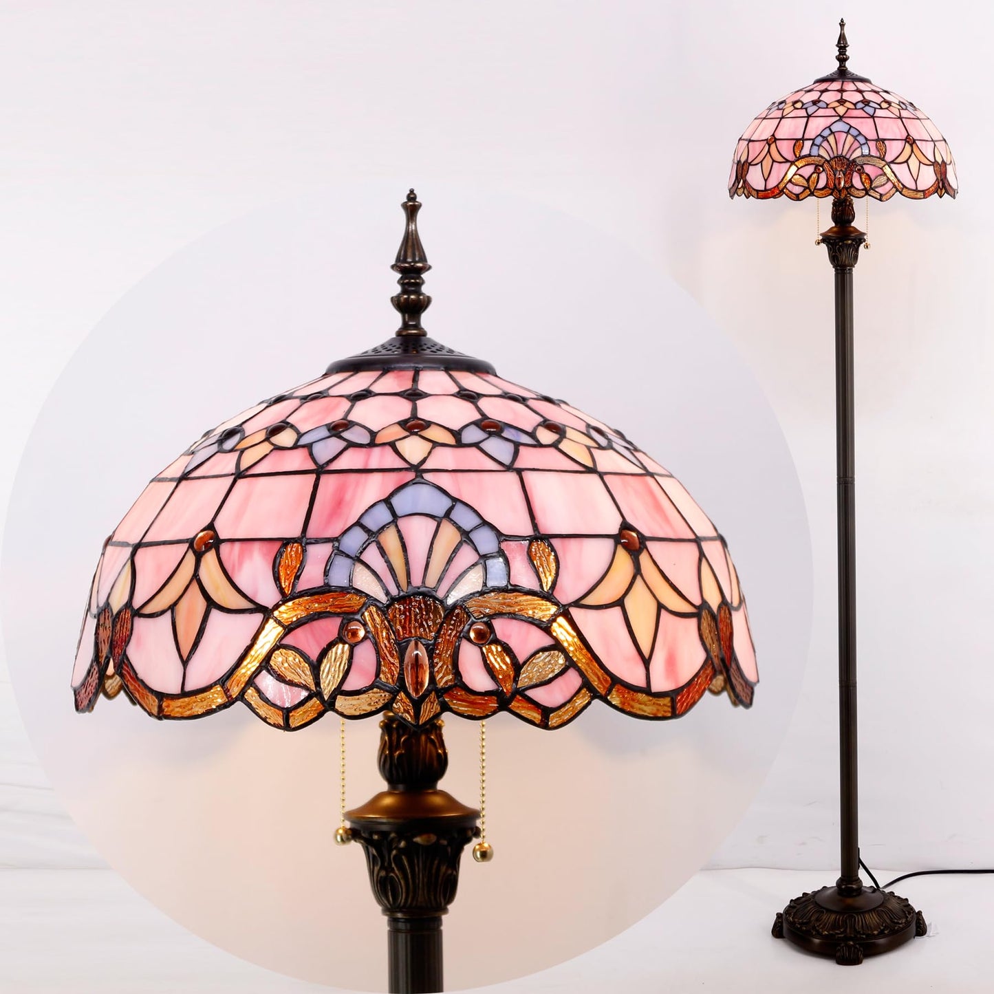 WERFACTORY Tiffany Floor Lamp Pink Baroque Stained Glass Standing Reading Light 16X16X64 Inches Antique Pole Corner Lamp Decor Bedroom Living Room Home Office S003P Series