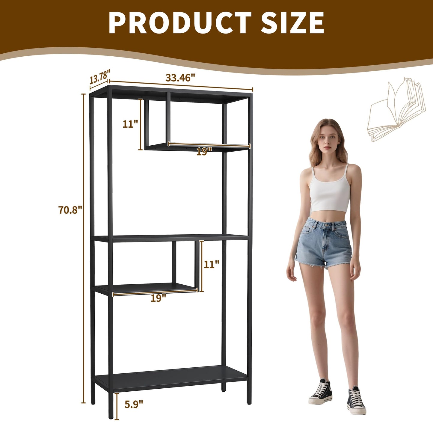 4 Tier Book Shelf, Modular Wide Bookshelves with Storage, Adjustable Industrial Metal Bookcase, Asymmetrical Geometric Shelf for Living Room, Bedroom, Office, 33.5" W*13.8" D*70.8" H, Black