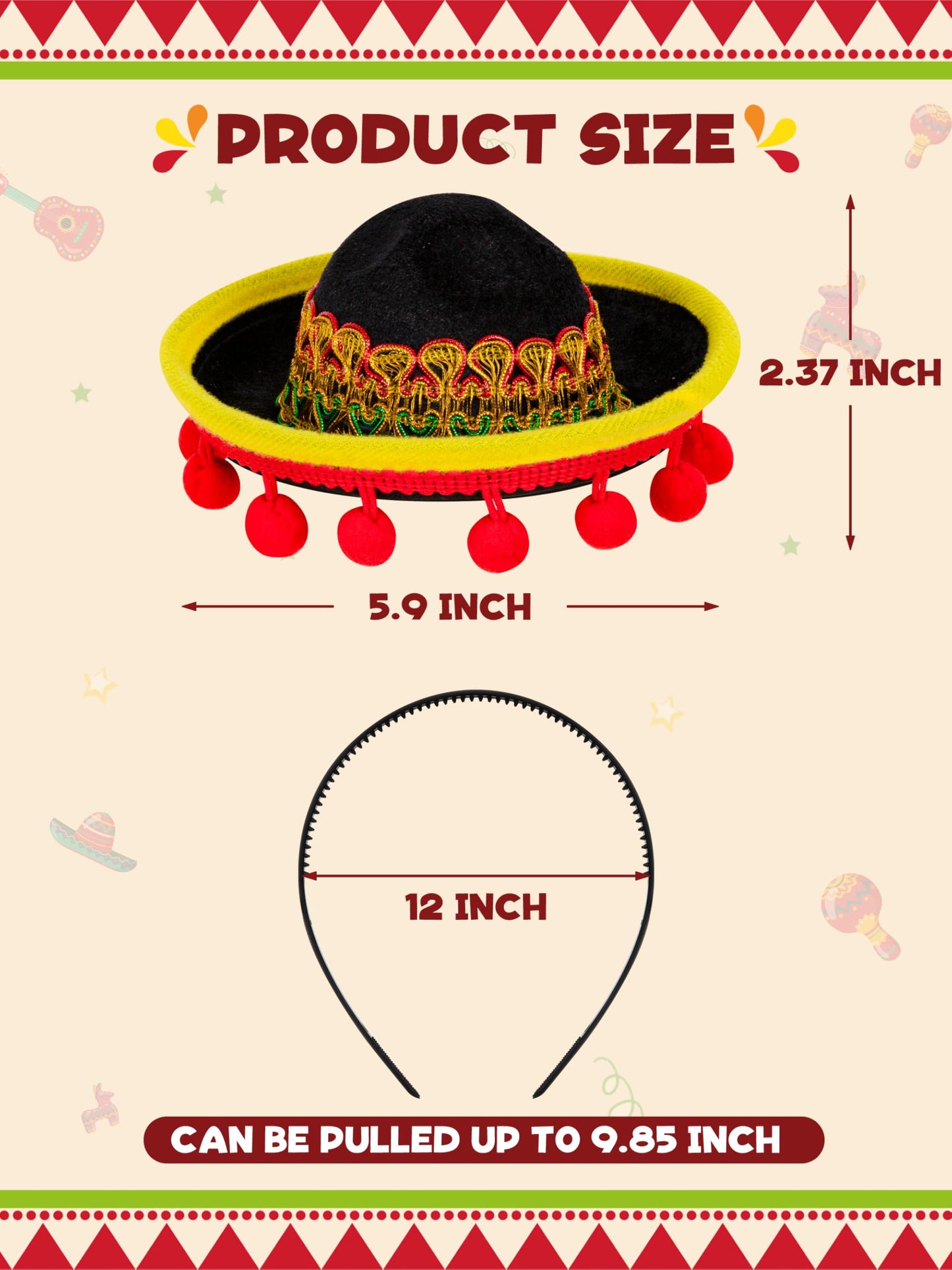 3 PCS Cinco De Mayo Sombreros with Headbands - Fabric and Straw Fiesta Hats, 3 Styles for Mexican Carnivals and Festivals