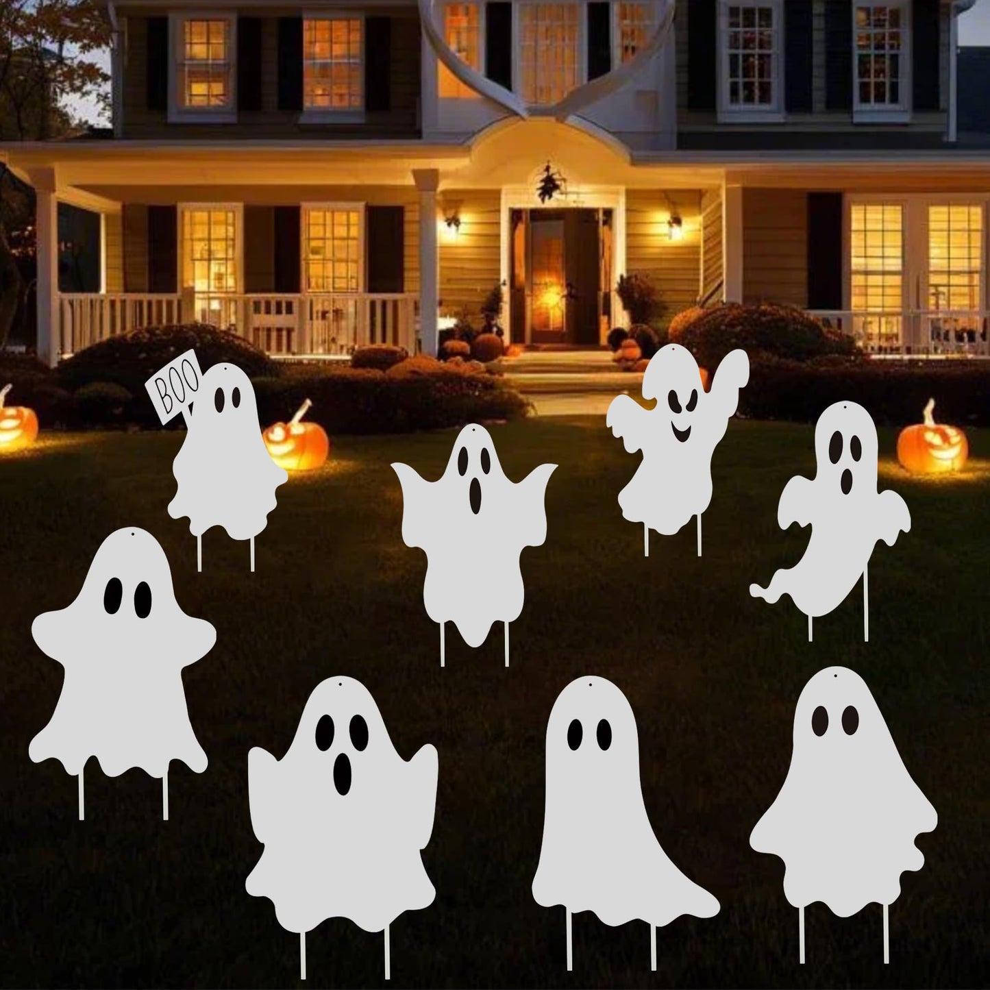 8PCS Halloween Ghost Yard Signs Boo Ghost Outdoor Decor with Stakes Double-Side Hanging Ghosts Plastic Scary Spooky Decoration for Home Front Yard Patio Garden Halloween Party Decorations