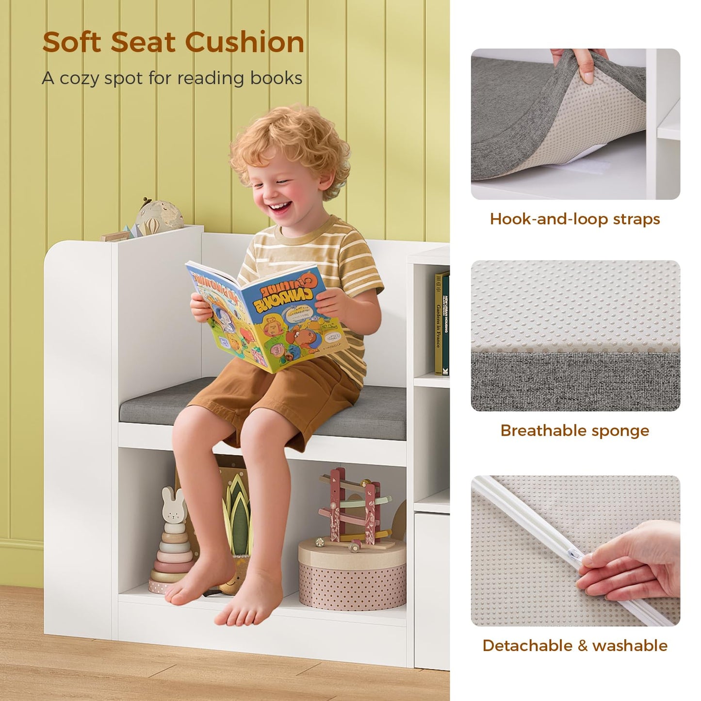 62.2” Kids Bookshelf with Reading Nook, Kids Bookcase with Seat Cushion and 6 Storage Cubbies, Side Shelves, Toy Storage with 2 Movable Drawers, Hidden Wheels, for Playroom and Bedroom, White