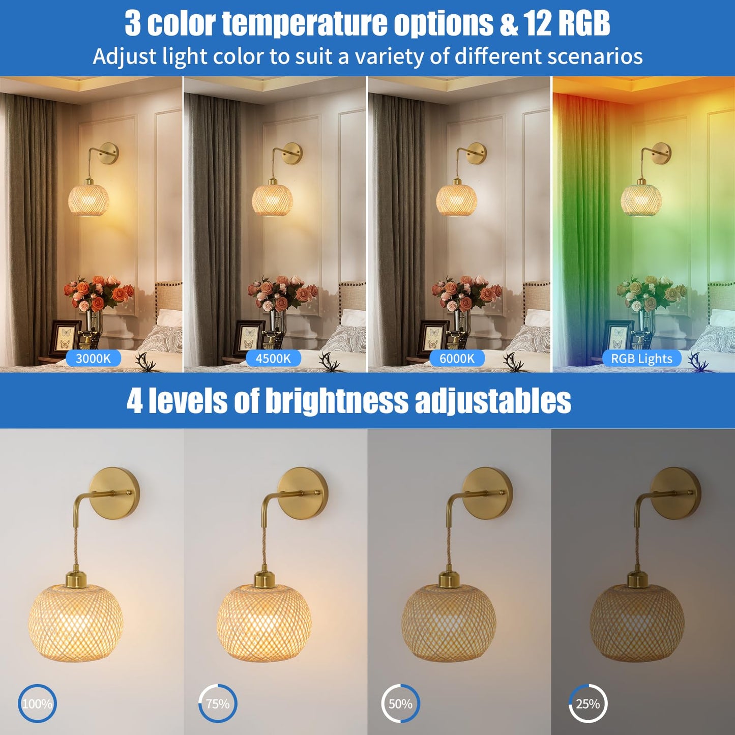 Vitnucrol Gold Battery Operated Wall Sconces Set of 2 with Remote, Rechargeable Rattan Battery Powered Wall Lights/Lamps, Wireless Boho Lighting Fixtures for Bedroom Farmhouse, 15 Colors Dimmable