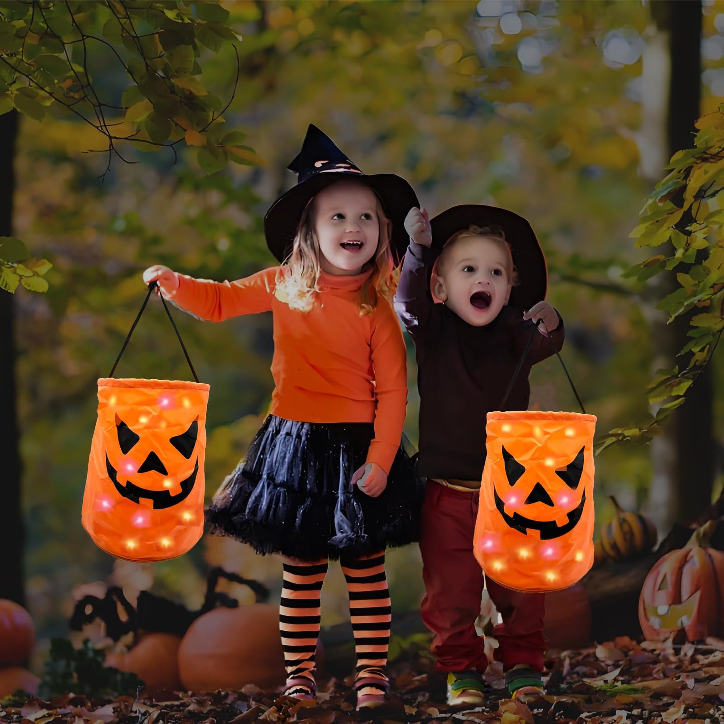 3PCS LED Light Halloween Candy Bags Light Up Halloween Party Bags Trick or Treat Goody Buckets with Pumpkin Smile Face Multipurpose Reusable Halloween Favor Gift Bags for Party Supplies Favors