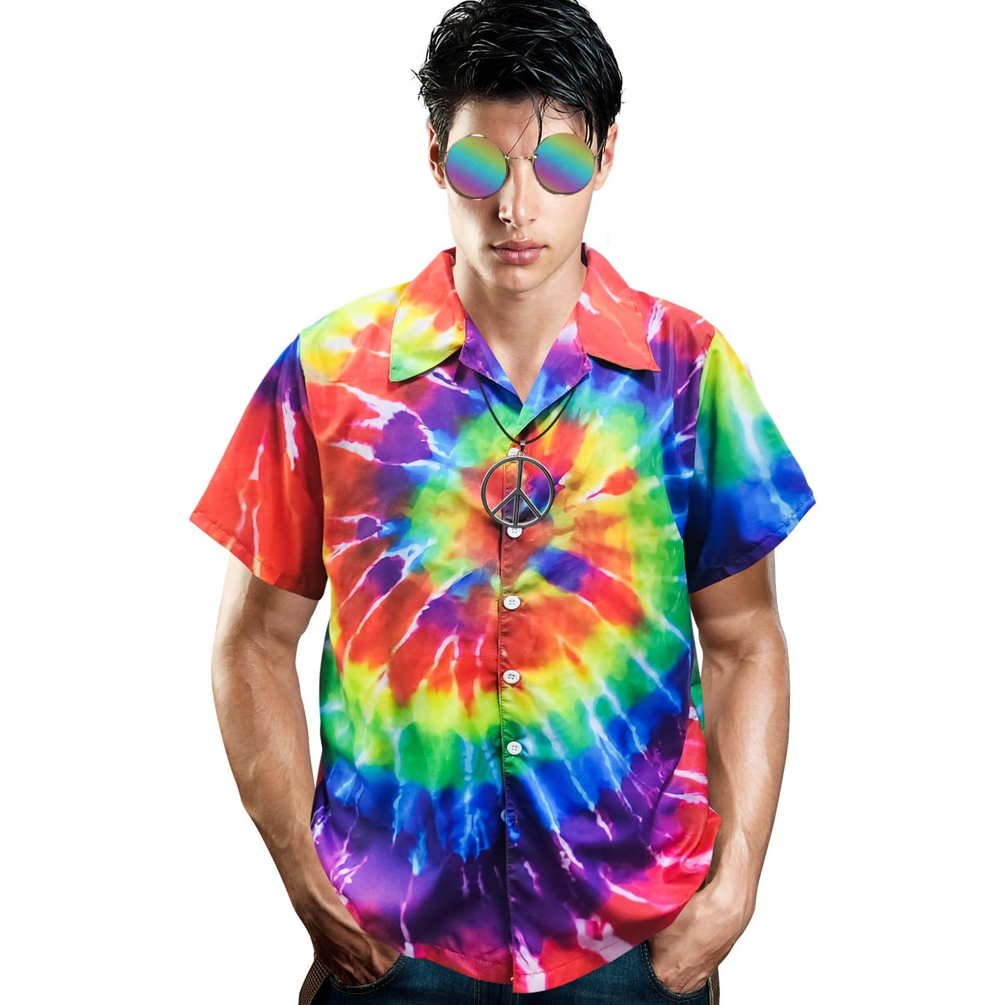 XonyiCos Hippie Costume for Men Women 60s and 70s Colorful Tie-Dyed Shirt Sunglasses Headband Peace Necklace 4-Piece Theme Party (Tie-dye 4 Piece Set, X-Large)
