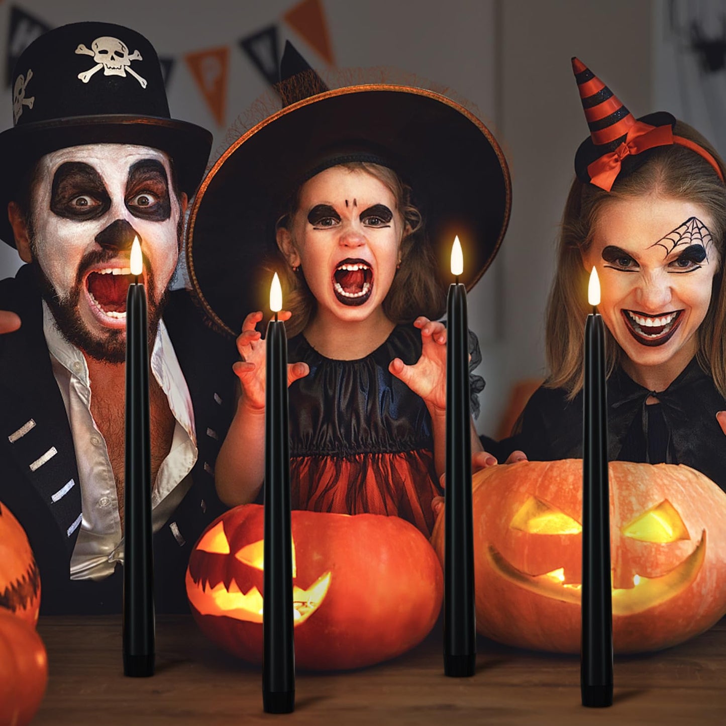 Wondise Halloween Flameless Taper Candles with Remote & Timer, 4 Pack Black Candles Battery Operated LED 3D Wick Flickering for Halloween Table Decorations