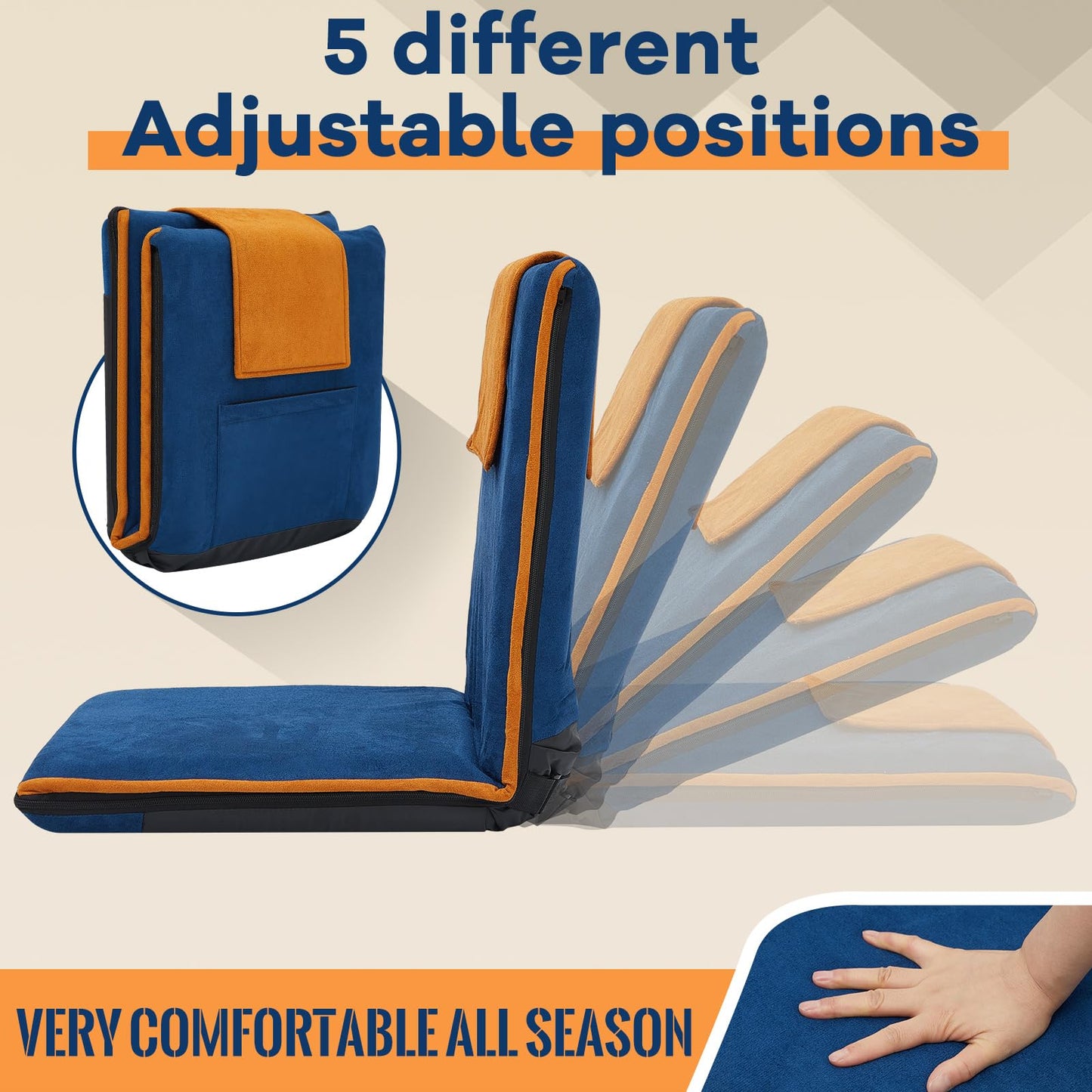 2 Pcs Floor Chair with Back Support Padded Floor Seating Portable Floor Seat Meditation Cushion Adjustable Fully Folding Backrest for Adult Kid Gaming Linen Washable Cover, Nylon Bottom (Blue, Khaki)