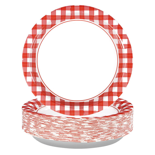 50 Pcs Red and White Gingham Paper Plates 9" Red Gingham Checkered Plaid Dessert Plates Disposable Red and White Gingham Party Supplies for Picnic Barbecue Baby Shower Birthday Party Decorations