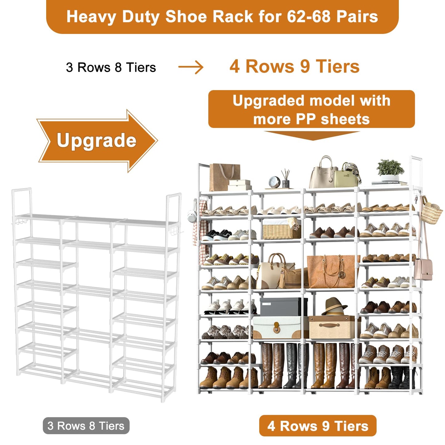 WOWLIVE 4 Row 10 Tiers Extra Large Shoe Rack 72-80 Pairs Big Tall Metal Shoe Shelf, Heavy Duty Organizer for Closet Entryway, Boot Rack Storage Stackable Stand for Garage White