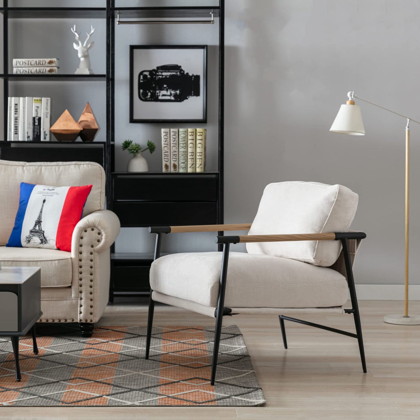 Ya-Home Mid-Century Accent Chair, Soft Armchair Chenille Fabric Lounge Chair with Black Metal Legs, Upholstered Leisure Chair for Living Room Bedroom Reception Room, 1PC, Beige