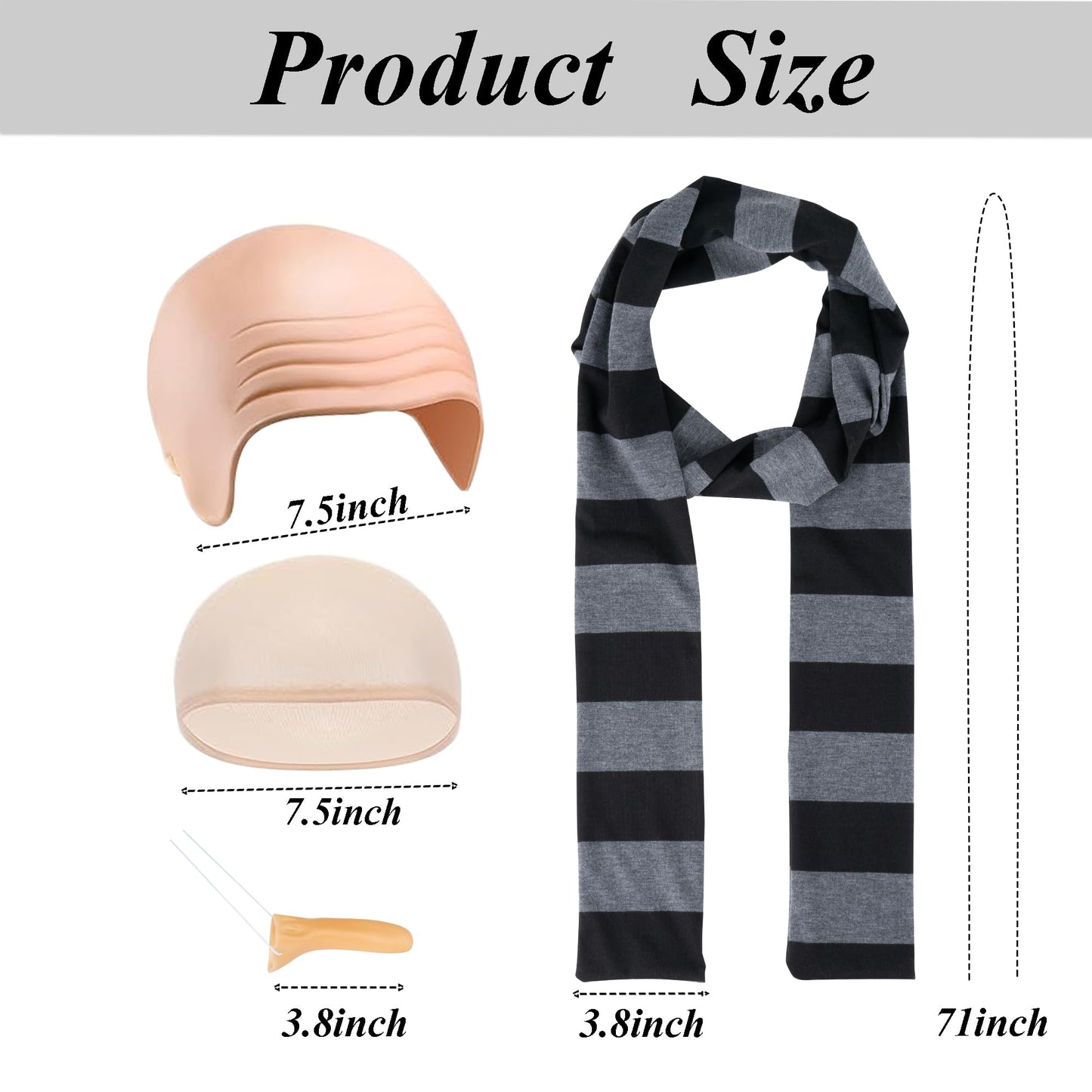 4 Pack Halloween Costume Accessories for Adults Black Gray Striped Scarf Fake Nose Makeup Latex Bald Head Wig Cap Christmas Cosplay Party Set