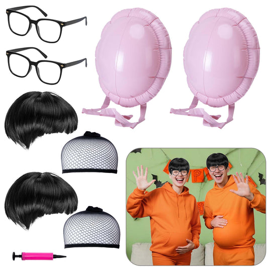 Wehhbtye 9 Pcs Halloween Criminal Costume Accessories, Mushroom Cut Wig and Black Frame Glasses, Inflatable Fake Belly Cosplay for Halloween Theme Party Role Play (NOT Include Orange Jumpsuit)
