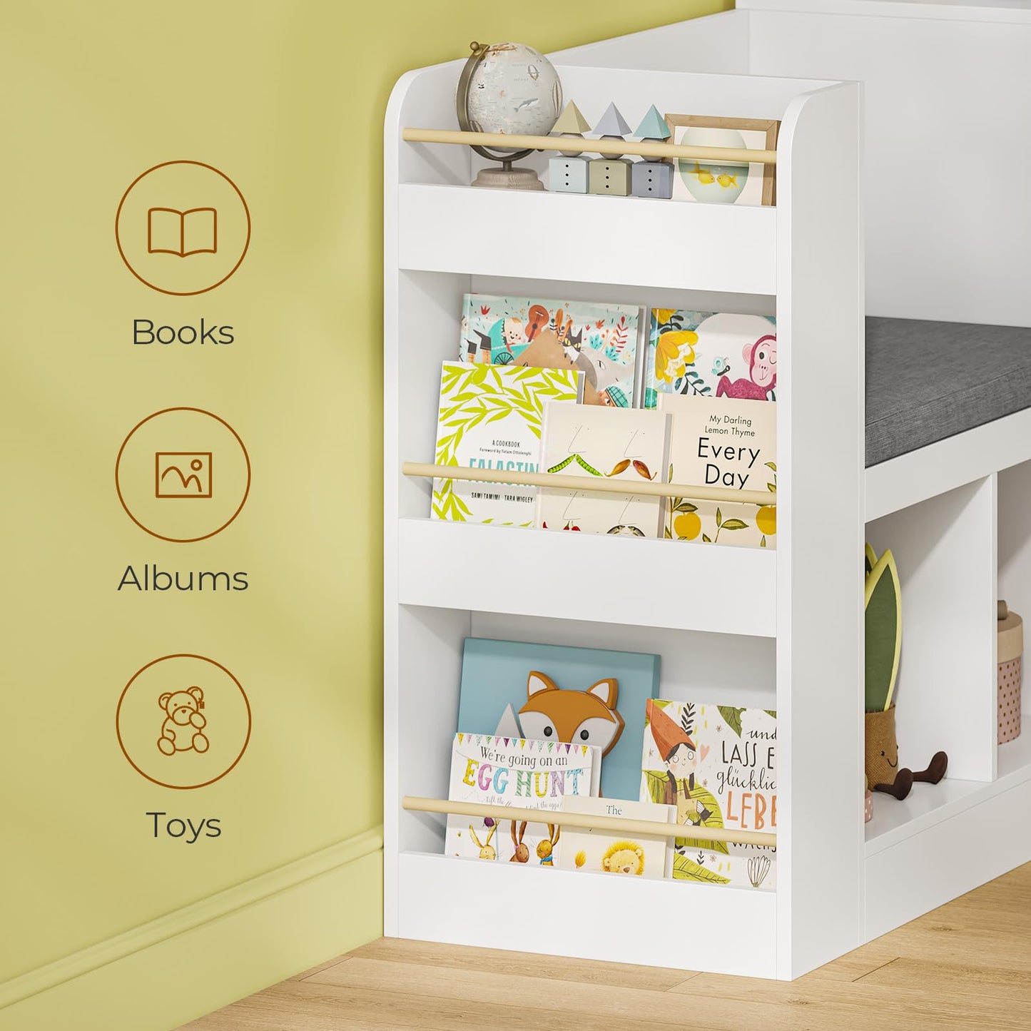 62.2” Kids Bookshelf with Reading Nook, Kids Bookcase with Seat Cushion and 6 Storage Cubbies, Side Shelves, Toy Storage with 2 Movable Drawers, Hidden Wheels, for Playroom and Bedroom, White