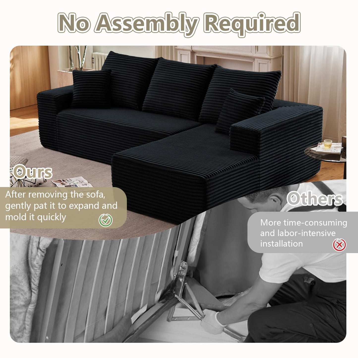 107" Modular Sectional Couches for Living Room, Comfy Boneless L Shaped Cloud Couch with Chaise Lounge, Modern Cozy Corduroy Deep Seat Floor Sofa, Memory Foam, No Assembly Required, Black