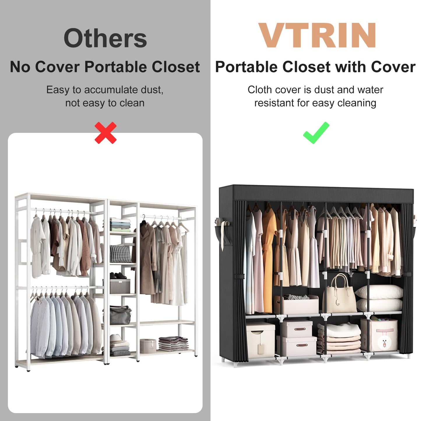 VTRIN Portable Closet for Hanging Clothes 67 Inch Wide Large Capacity Portable Wardrobe Closet with Cover, 4 Storage Shelves and 4 Hanging Rod Sturdy Free Standing Closet for Bedroom, Black