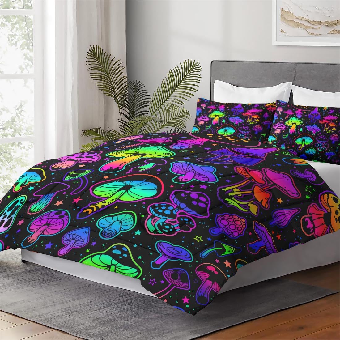 WeCozy Queen Size Comforter Set with 2 Pillowcases, Summer Halloween Mushroom Neon Soft 3 Pcs Bedding for Kids and Adults Bedroom Bed Decor