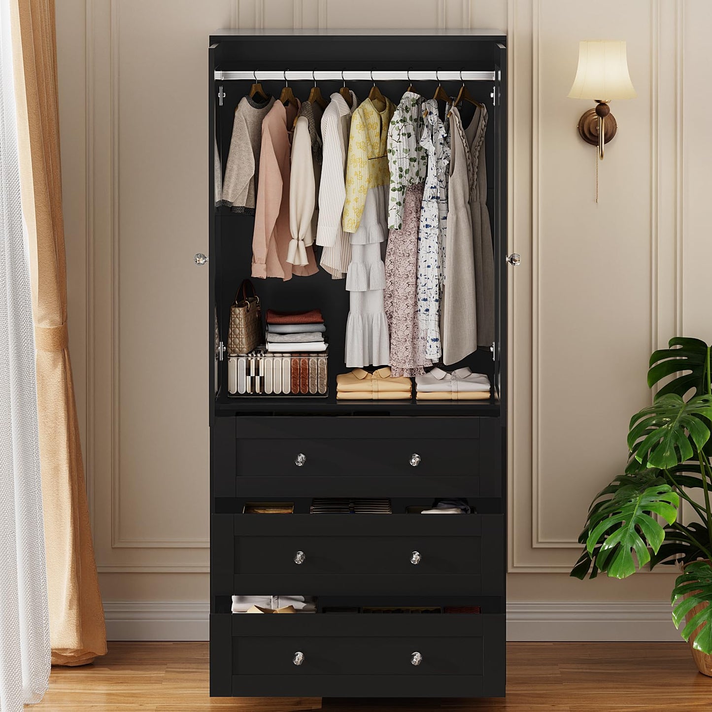 VOWNER Armoire Wardrobe Closet with Drawers and Mirror, 71" Clothing Storage Cabinet with Hanging Rod, 2 Doors Wooden Wardrobe Cabinet for Bedroom, Large Capacity Storage,Black