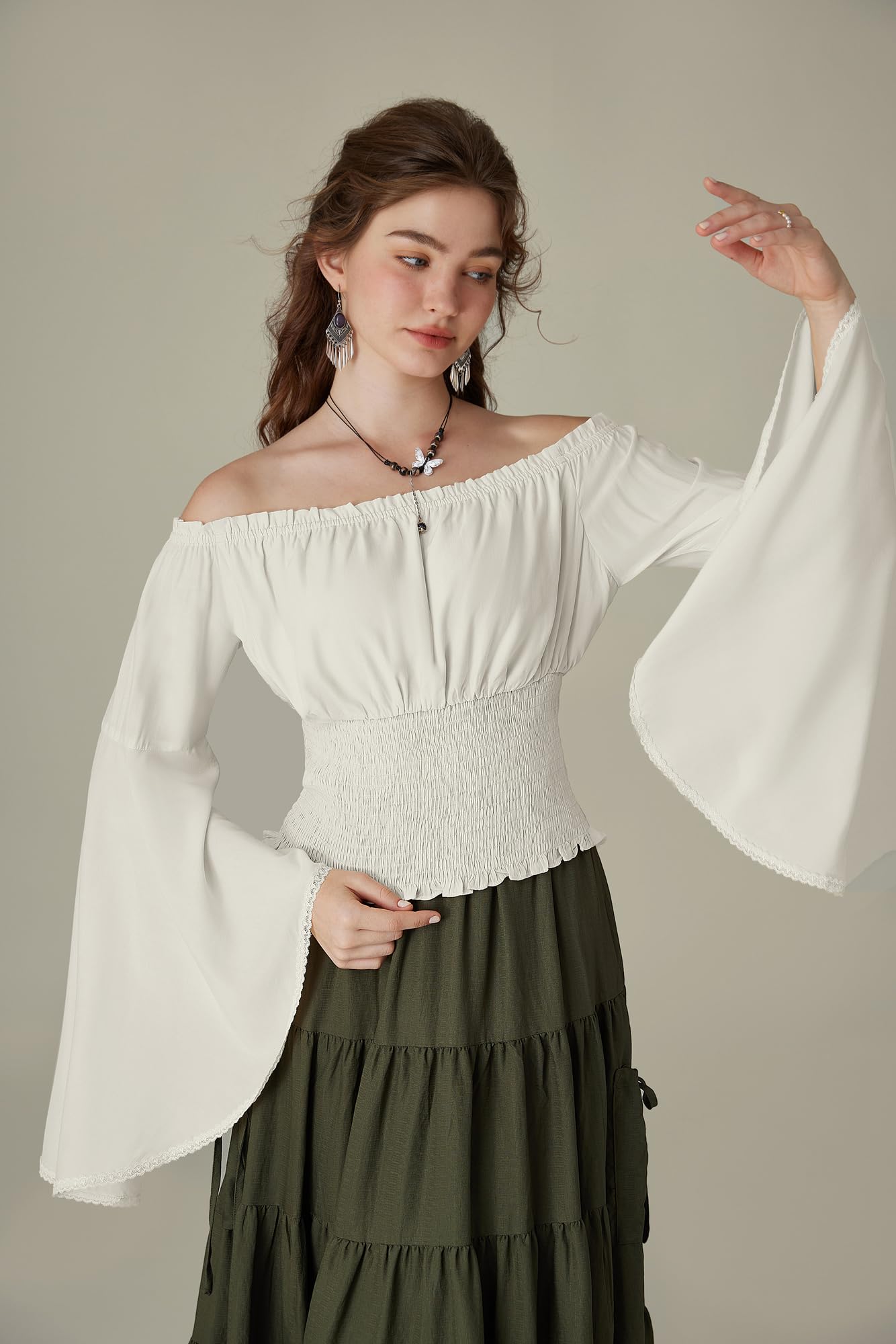 White Off The Shoulder Tops for Women 2024 Smocked Summer Peasant Blouse Bell Sleeve Top Renaissance Shirt White M