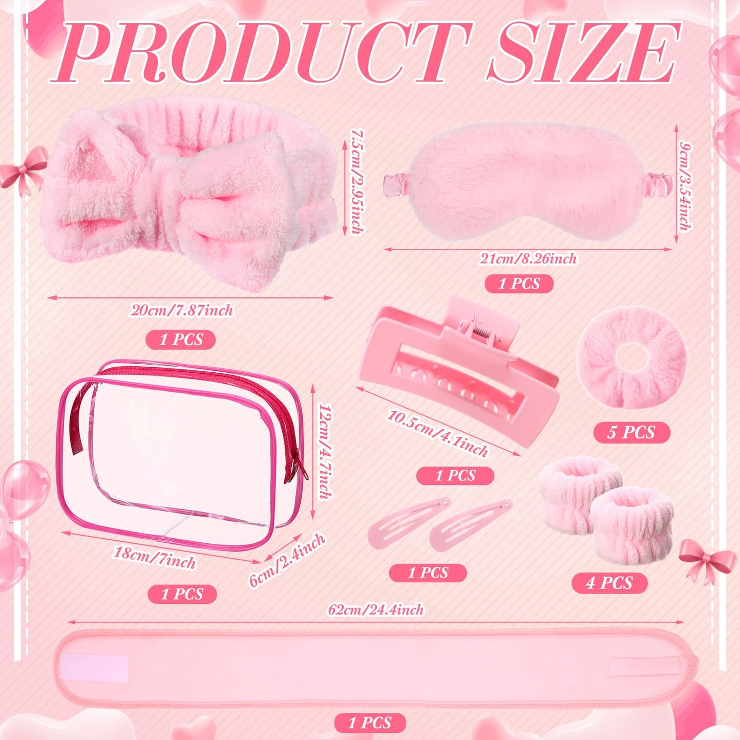Wavyknot 16 Pcs Skin Care Headband Set Include 2 Pink Spa Headband 1 Pink Plush Sleep Eye Mask 4 Skin Care Wristbands 5 Velvet Scrunchies 1 Claw Clips 2 Bangs Clip 1 Cosmetic Bags for Spa Gift