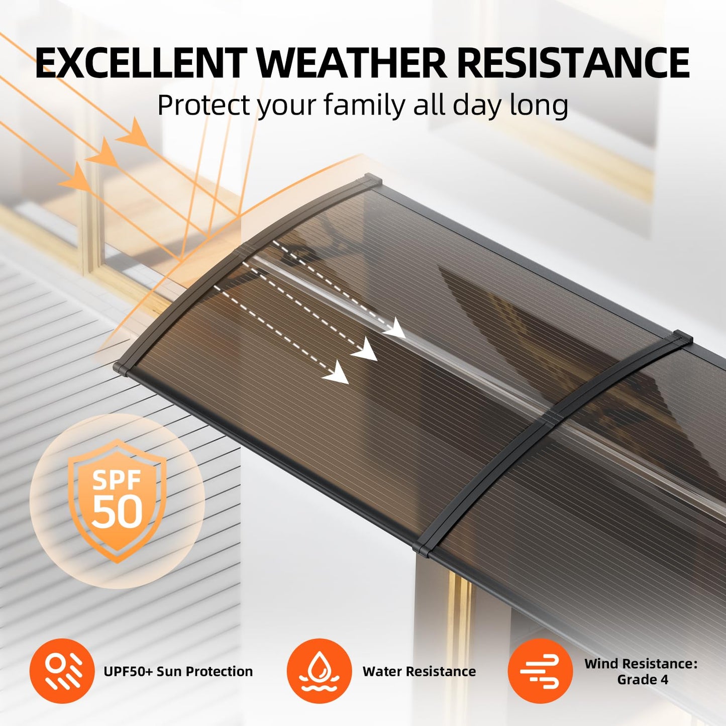 Window Awning Door Canopy 32"x120", Awnings for Doors Polycarbonate Cover Patio Door Awning UV Rain Snow Sunlight Protection Hollow Sheet, Black Bracket & Brown Board