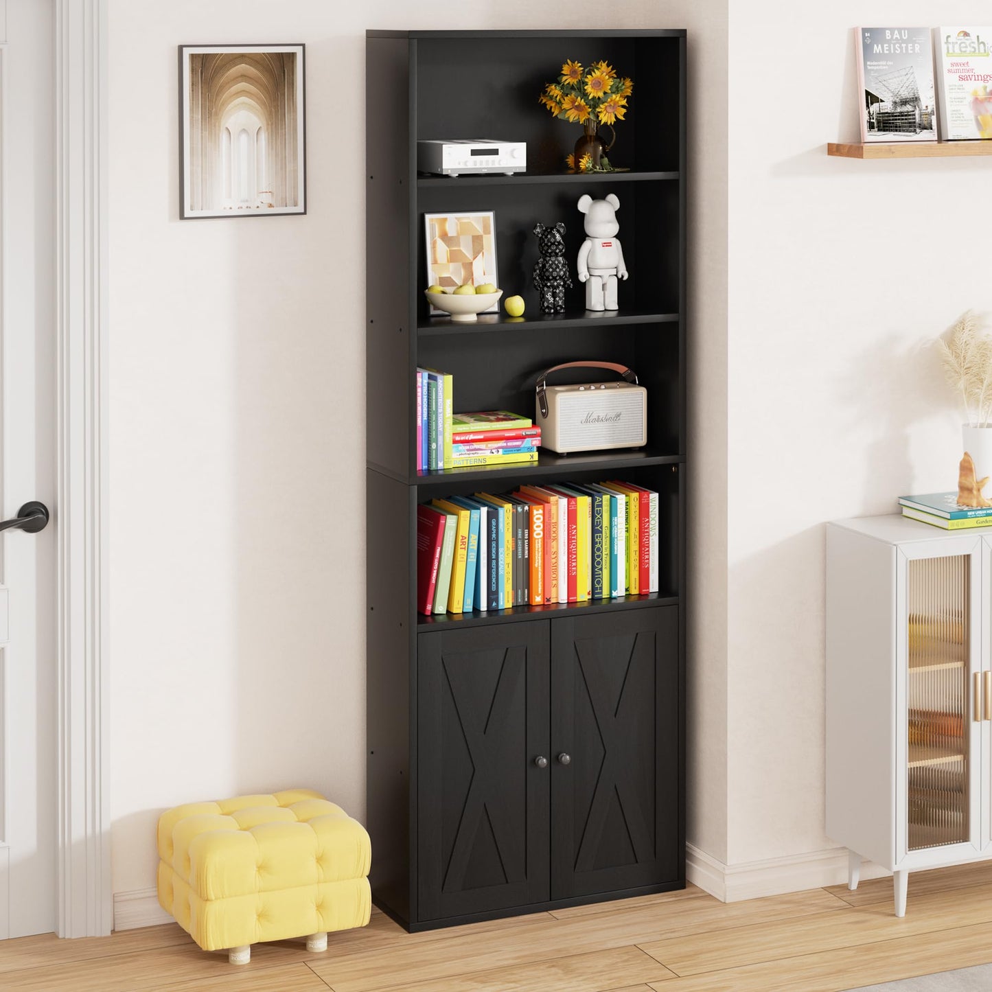 Vongrasig 6-Tier Open Bookcase and Bookshelf with Doors, Floor Standing Farmhouse Display Storage Shelves 71 Inch Wood Tall Bookcase for Home Office, Living Room, Bed Room, Black