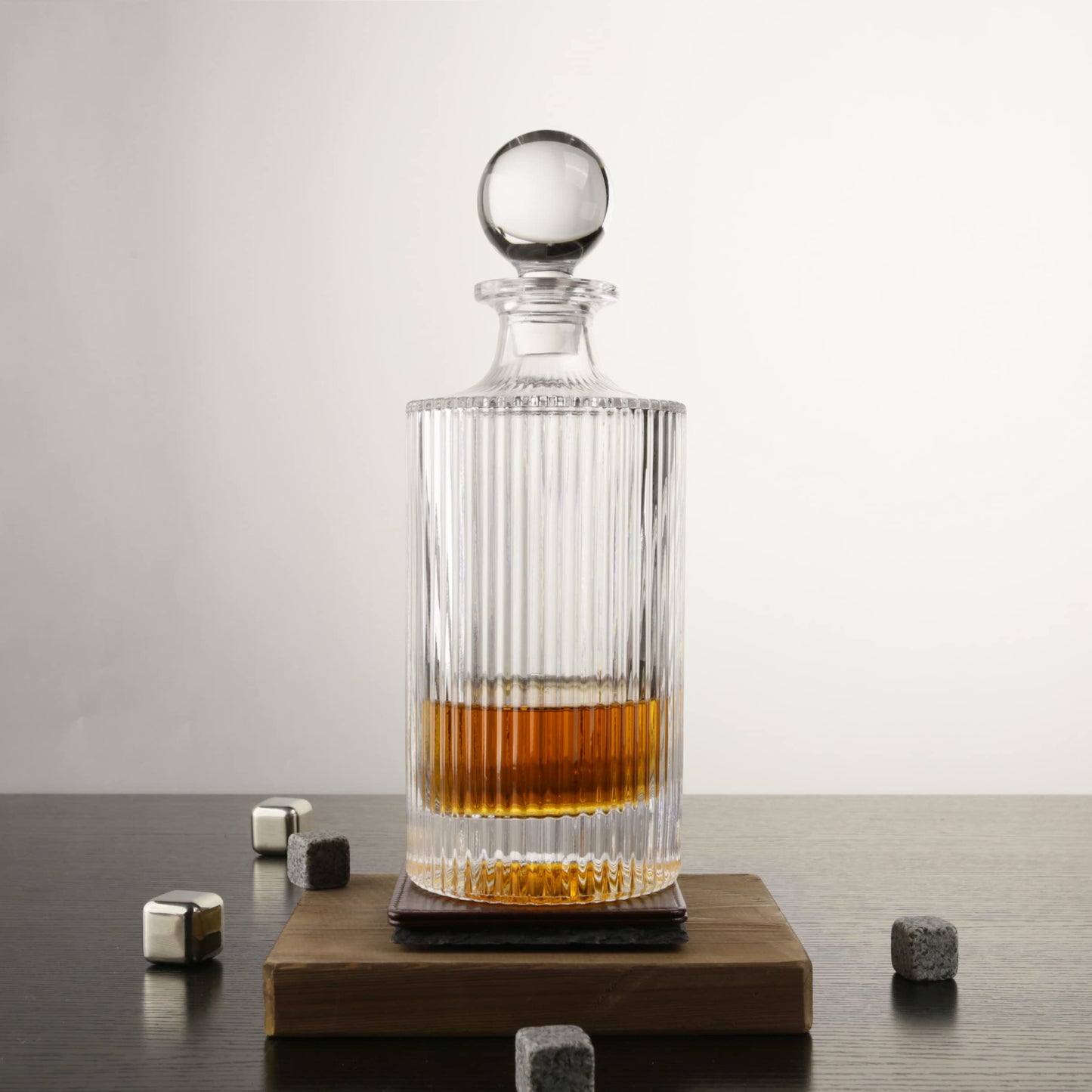 Whiskey Decanter and Glass Stopper 27 oz Round Ribbed Decanter for Whiskey, Bourbon, Brandy, Liquor, and Rum
