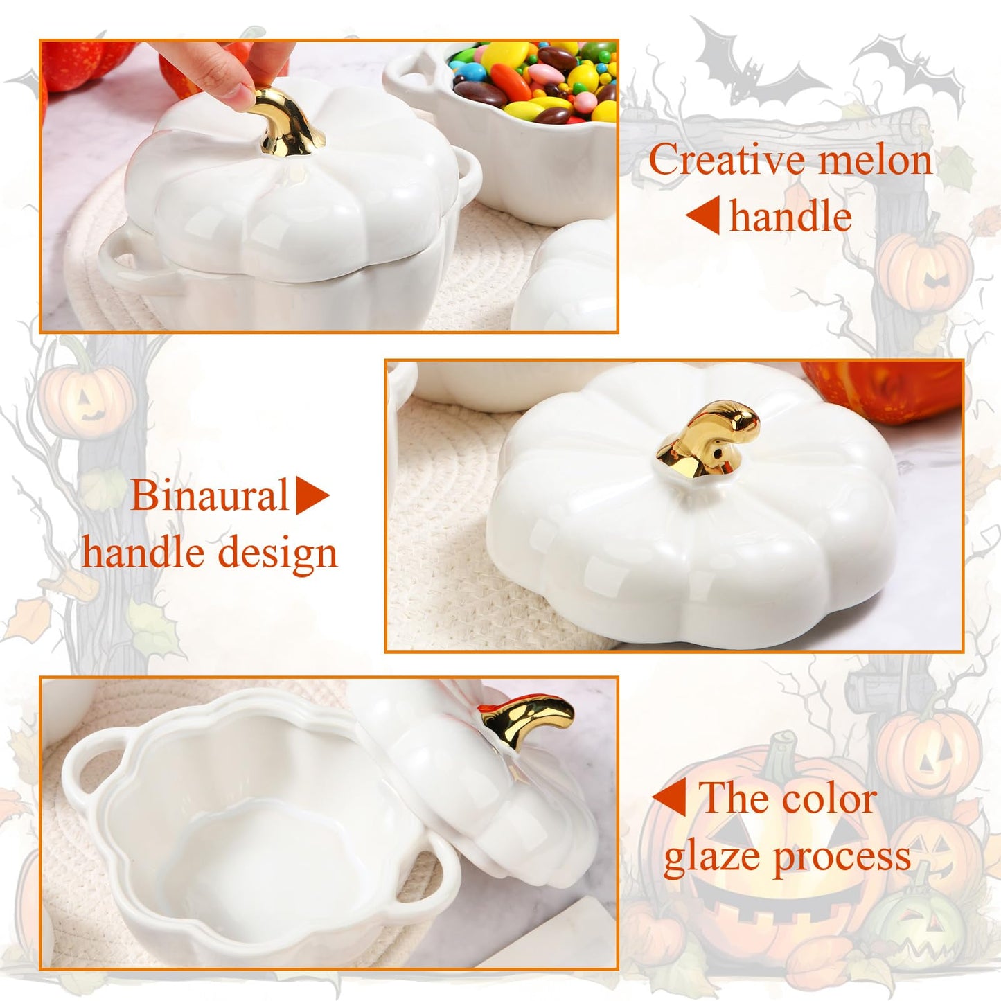 Yaomiao 6 Pcs Pumpkin Ceramic Bowl 15 oz Pumpkin Soup Bowl Pumpkin Shape Storage Jar with Lid and Handles for Home Halloween Party Kitchen Tableware(White)
