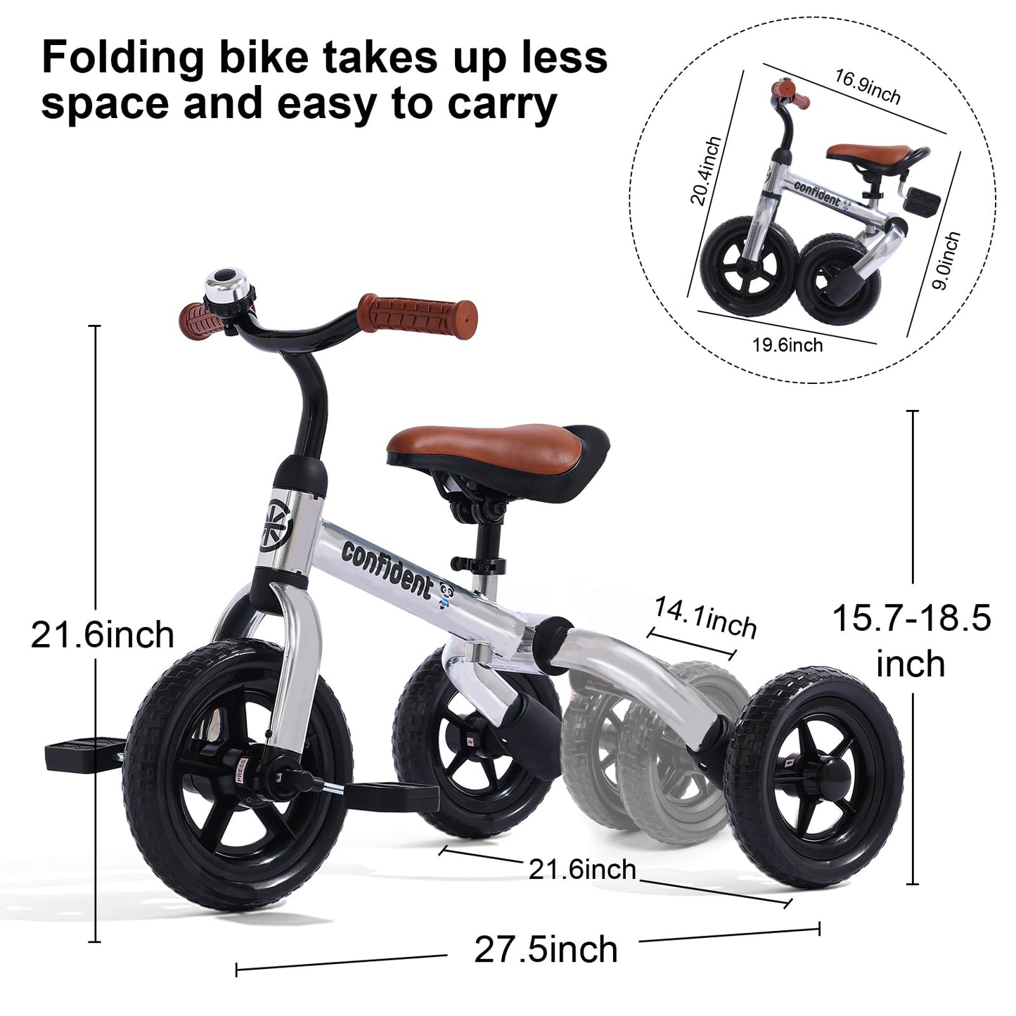 XPIY Tricycle for Toddlers Age 2-5 Years Old, 3 in 1 Folding Toddler Bike for Boys and Girls, Kids' Bike Trike with Detachable Pedal and Adjustable Seat (Glitter Silver)