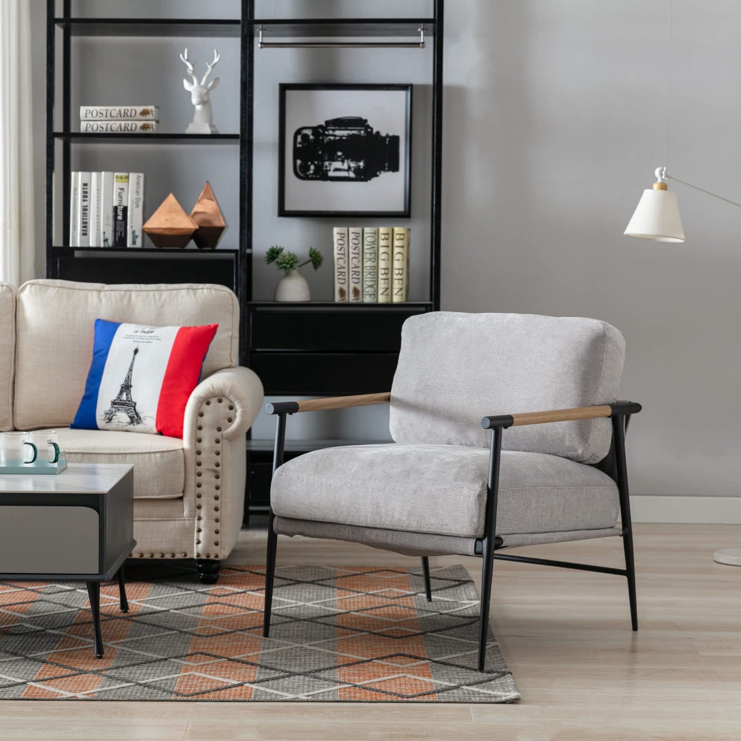 Ya-Home Mid-Century Accent Chair, Soft Armchair Chenille Fabric Lounge Chair with Black Metal Legs, Upholstered Leisure Chair for Living Room Bedroom Reception Room, 1PC, Grey