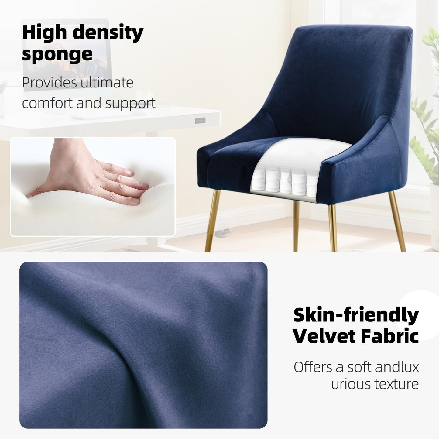 XINHE Dining Chairs Set of 2, Modern Velvet Fabric Upholstered Kitchen Chair with Metal Handle, Thick Cushion (Blue)