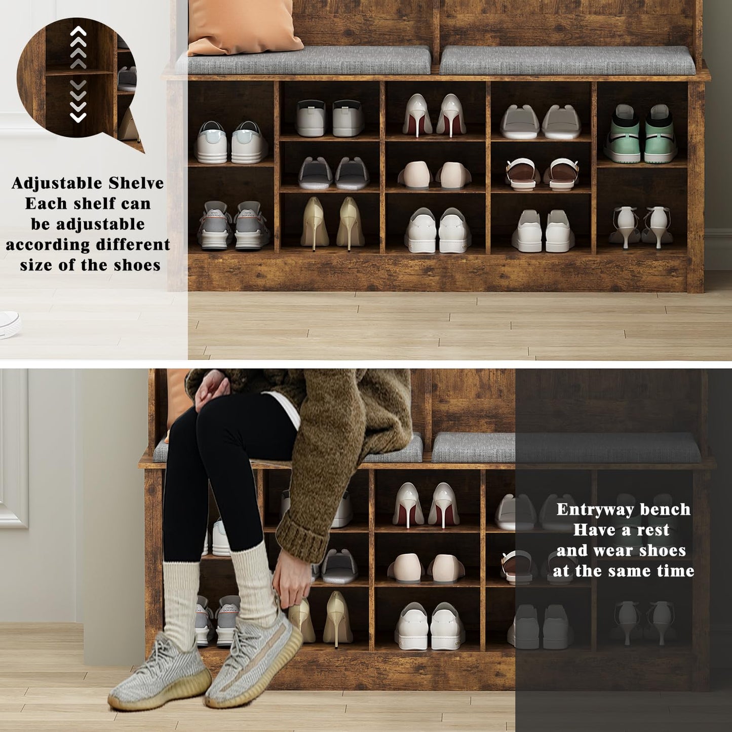 Wodeer Entryway Hall Tree with Bench and Shoe Storage, 53" Farmhouse 4-in-1 Mudroom Storage Organizer with Coat Rack, 6 Double Hooks, 12 Shoe Cubbies, Adjustable Shelf, for Hallway, Bedroom, Brown