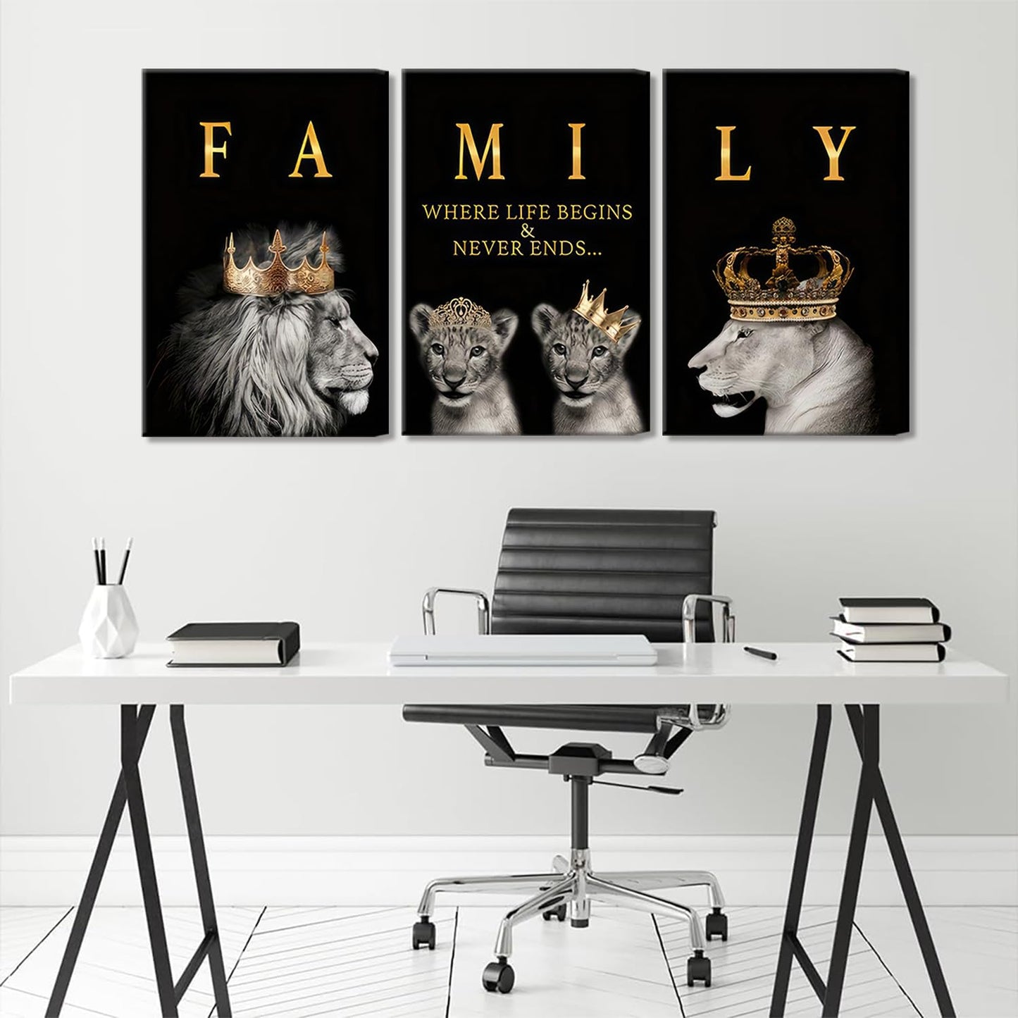 3Pcs Framed Lion Family Canvas Wall Art The Lion King and Queen with Gold Crown Poster Modern Motivational Black and White Animal Wall Decor Painting for Home Bedroom Living Room Office decoration