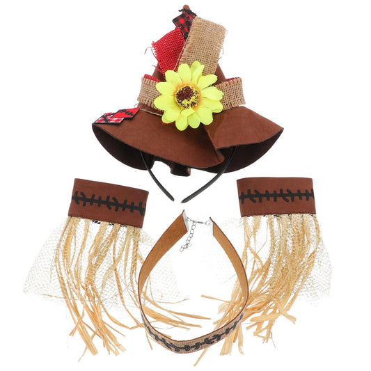 4Pcs Halloween Straw Hat Costumes Straw Sunflower Wizard Hat with Necklace Wristband Decoration for Harvest Carnival Cosplay Adornment