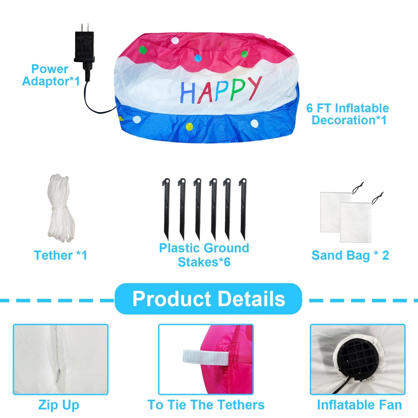 6 Ft Inflatable Happy Birthday Cake Decorations Outdoor Lighted Blow Up Holiday Birthday Party Decor with Candles 6 LED Lights for Indoor Home Celebration Garden Lawn Yard Prop Sign
