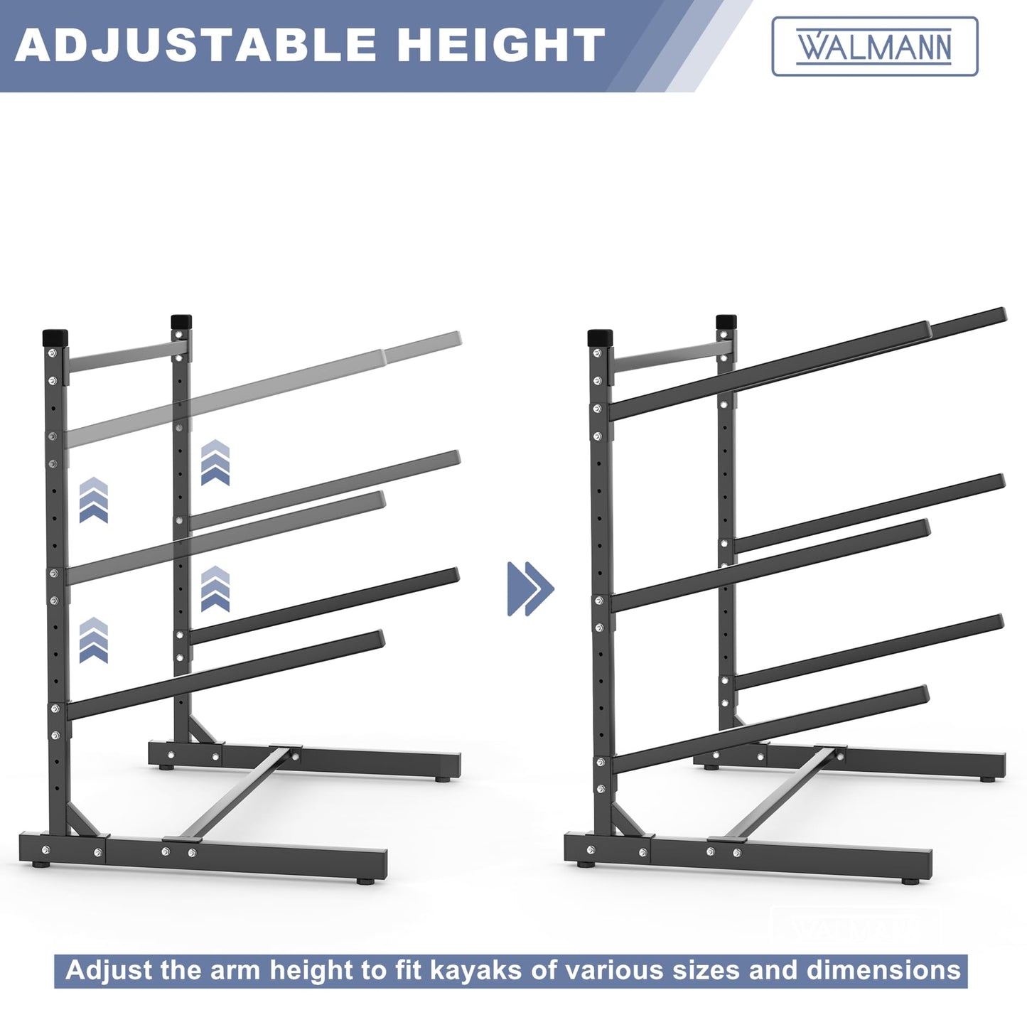 WALMANN Garage Kayak Rack, Heavy-Duty Metal Kayak Storage Rack 3-Tier Adjustable Freestanding Kayak Stand, Holds Up to 480 lbs