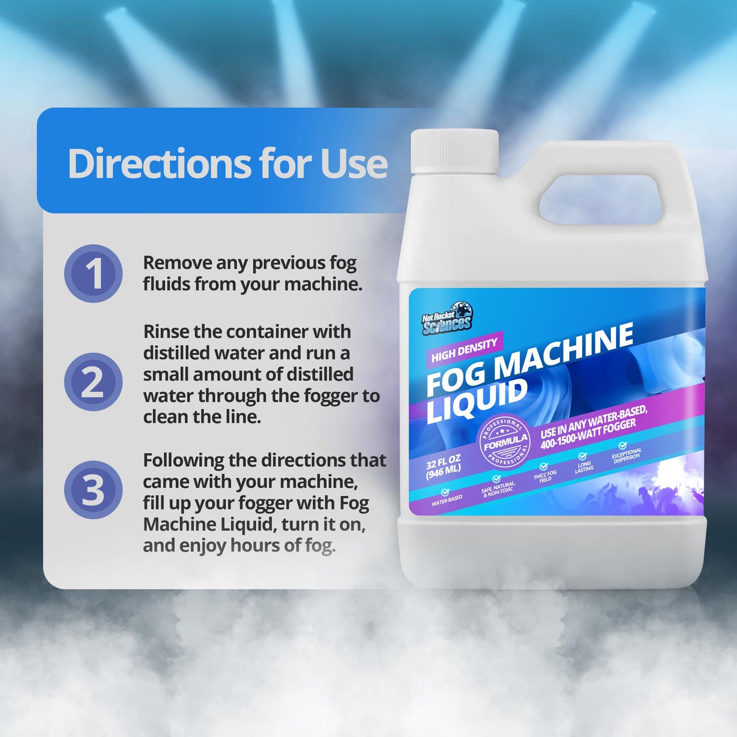32oz Fog Machine Liquid Smoke - Pro-Grade Smoke Machine, High Density Fog Juice for 400-1500 Watt Foggers, Water-Based, Lasting & Ultra Thick Atmosphere, Ideal for Film, Theater and Events
