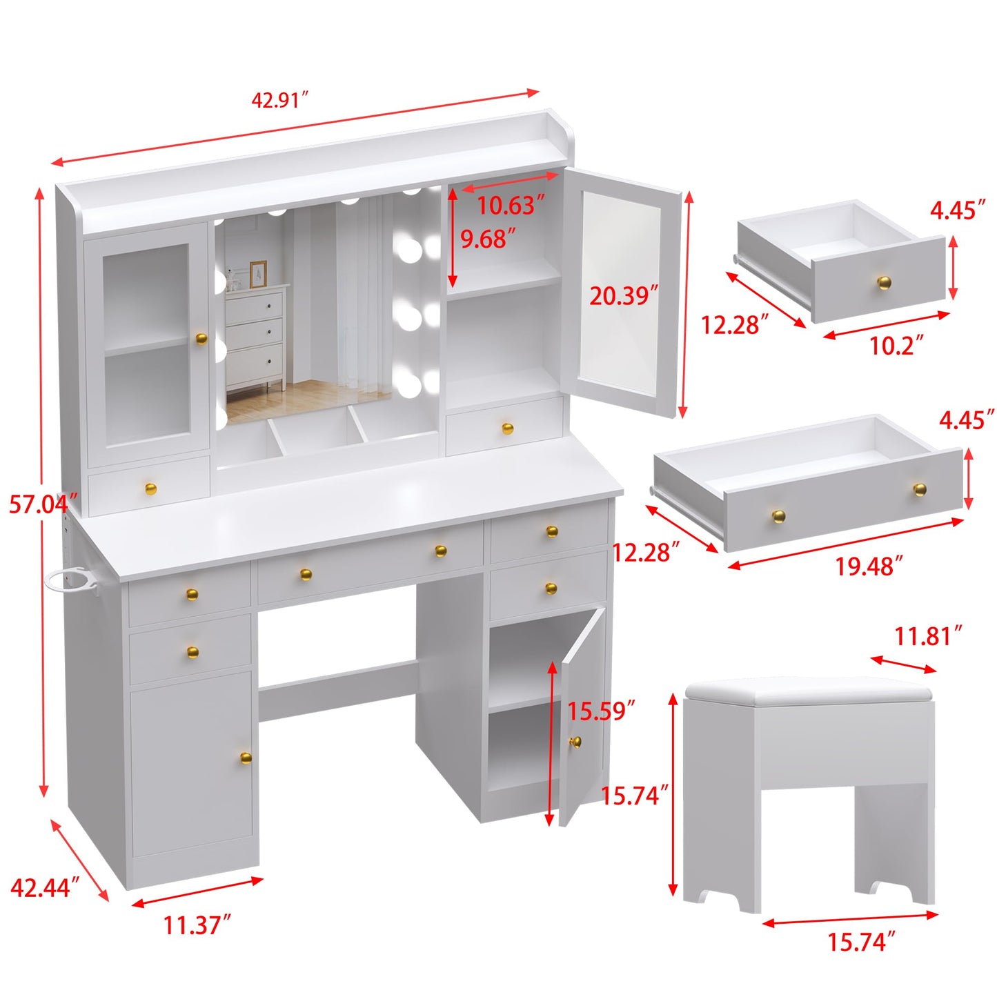 Wodeer Vanity Desk with Mirror and Lights, 43" White Makeup Vanity Set with 5 Drawers & Glass Cabinets, Storage Stool, Power Outlet & Adjustable LED Lights, Dressing Table for Women & Girls Bedroom