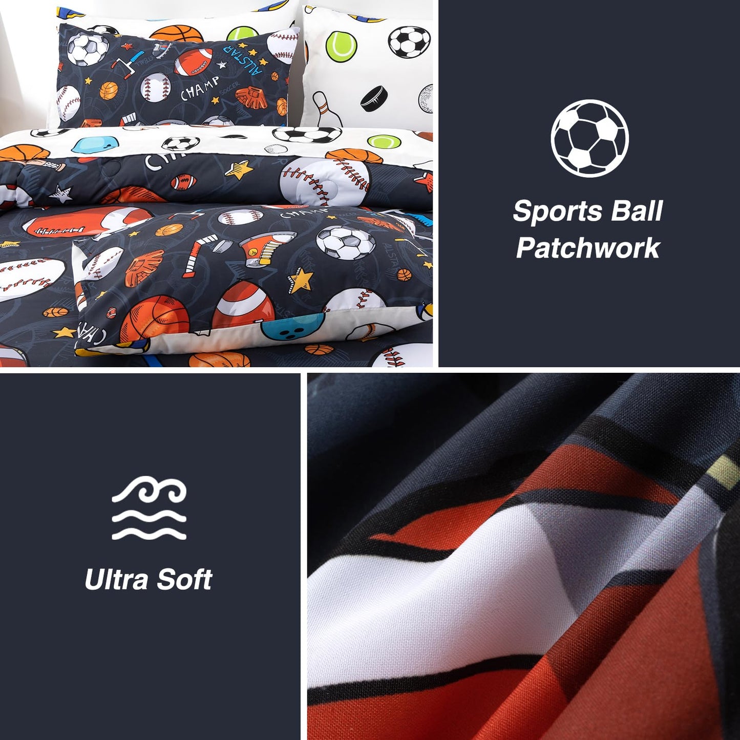 A Nice Night 6Pcs Bed in A Bag Full Sports Microfiber Modern Comforter Set,Gray Rugby Ball Printed Bedding Collections,for Boys Kids Teen