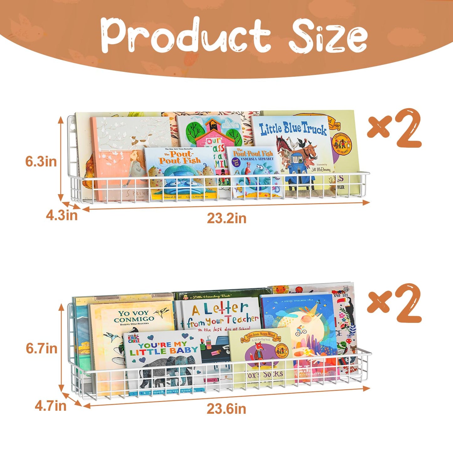 X-cosrack 24 Inch Wall Mounted Kids Bookshelf, Floating Metal Book Shelves for Kids Nursery Toddler Classroom, Hanging Book Shelf Organizer for Room Decor, White, Set of 4